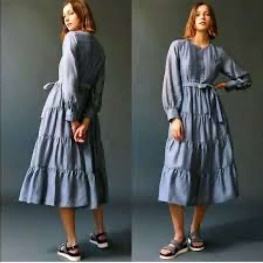 Anthropologie x mare mare linen blend agosta Charcoal Long Sleeve maxi Dress XSP